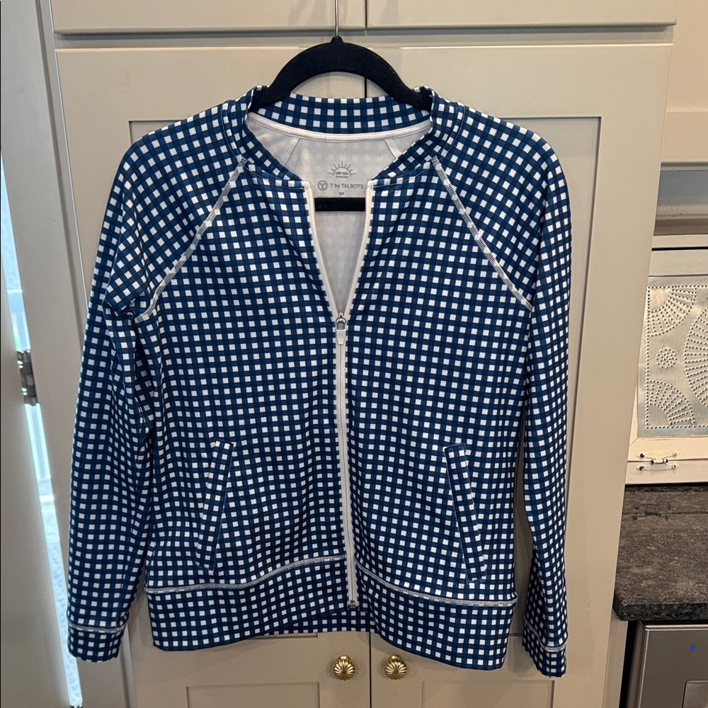 Talbots Navy and White Gingham Zip Jacket